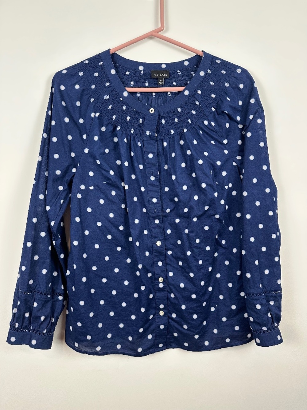 Talbots Navy White Polka Dot 100% Cotton Smocked Button Front Blouse Medium